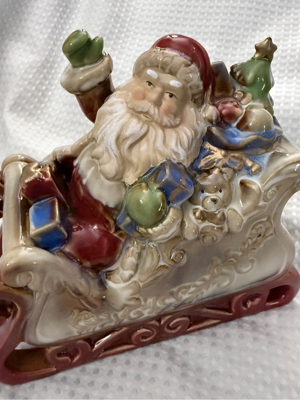 Vintage Ceramic Santa in Sleigh Figurine Hand Painted Christmas Table Decor